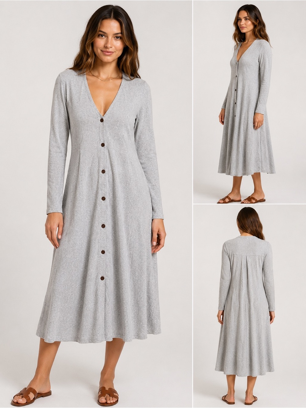 Monteau Los Angeles Gray Button Front Knit Midi Dress Long Sleeve